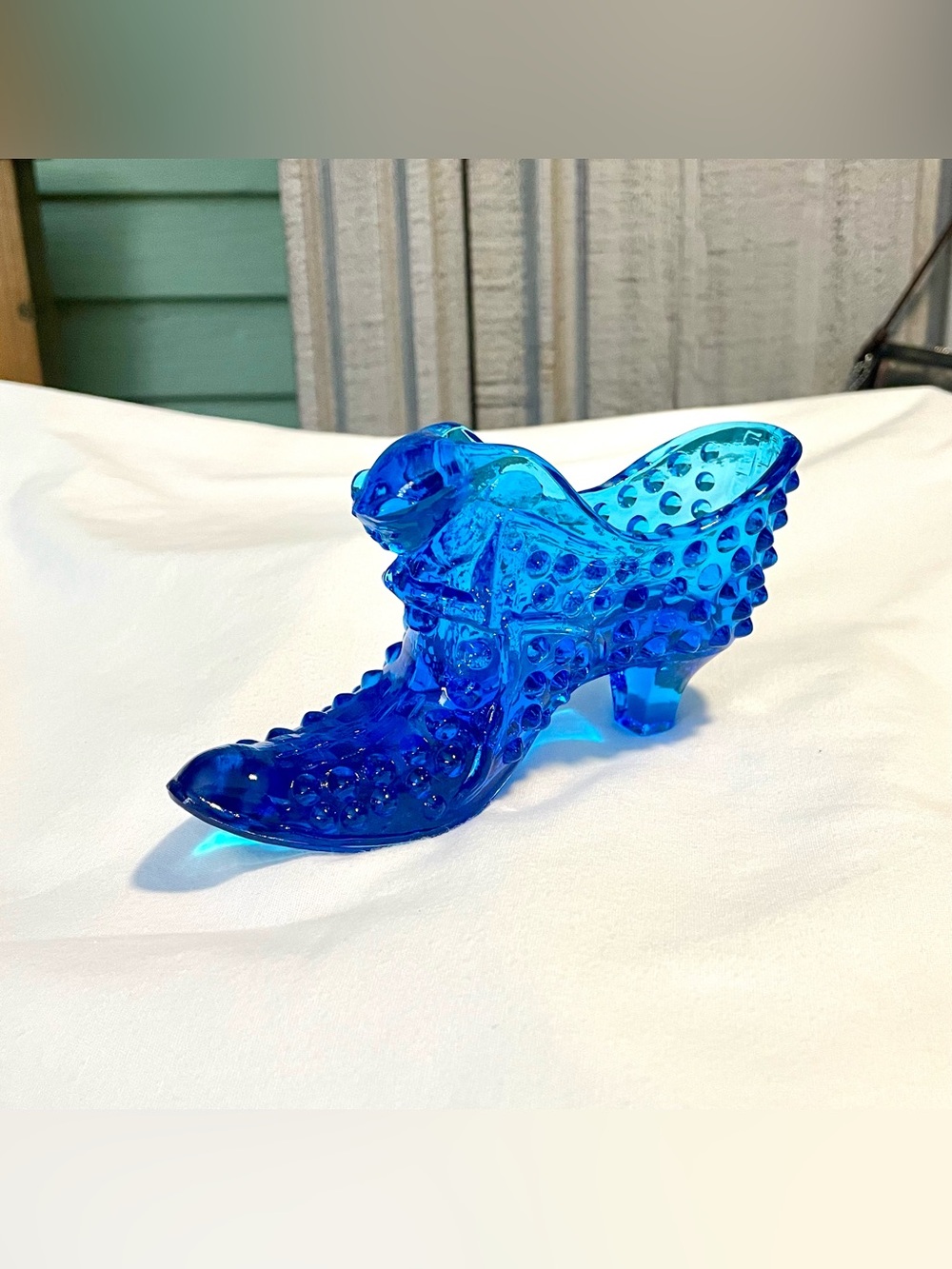 VINTAGE Fenton Hobnail Art Glass Cat Head Shoe Figurine-Cobalt Blue Slipper/Boot